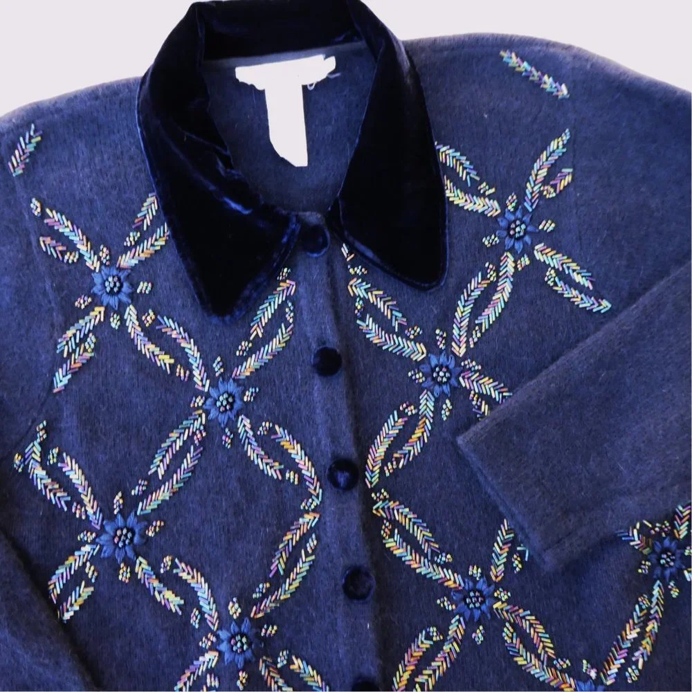 ANGoRa WooL Talbots Iridescent Beaded Soft Navy Cardigan Velvet Buttons Collar M